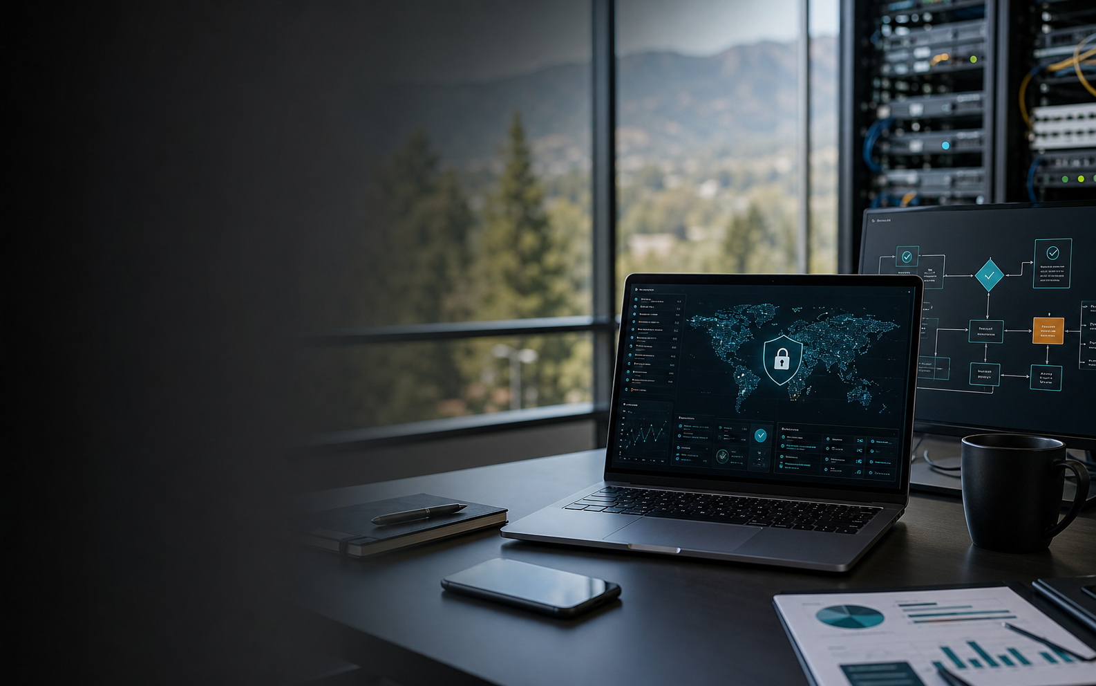 Cybersecurity operations workspace prepared for managed IT and AI governance work.